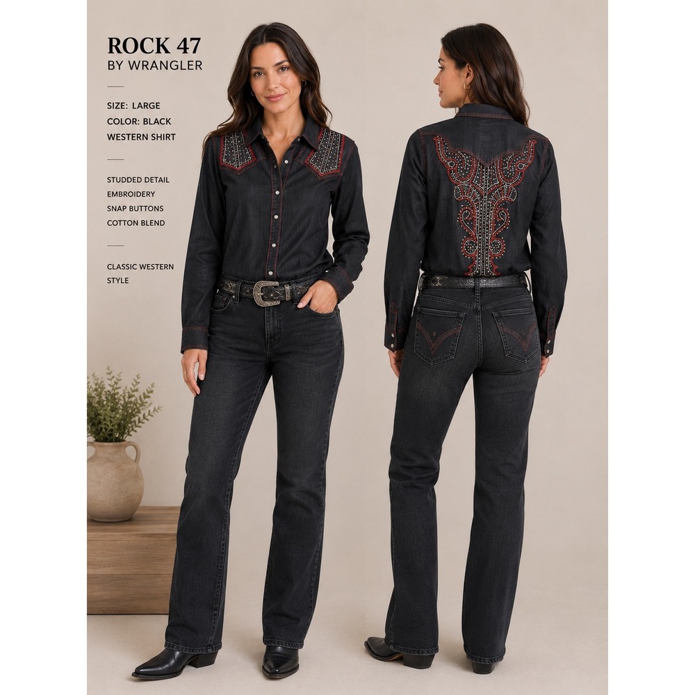Rock 47 by Wrangler Western Shirt Black Red Pearl Snap Studded Boho‎ Large